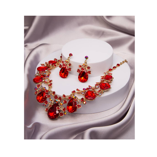 Rhinestone Embellished Teardrop Cut Crystal Necklace Set: Gold Red