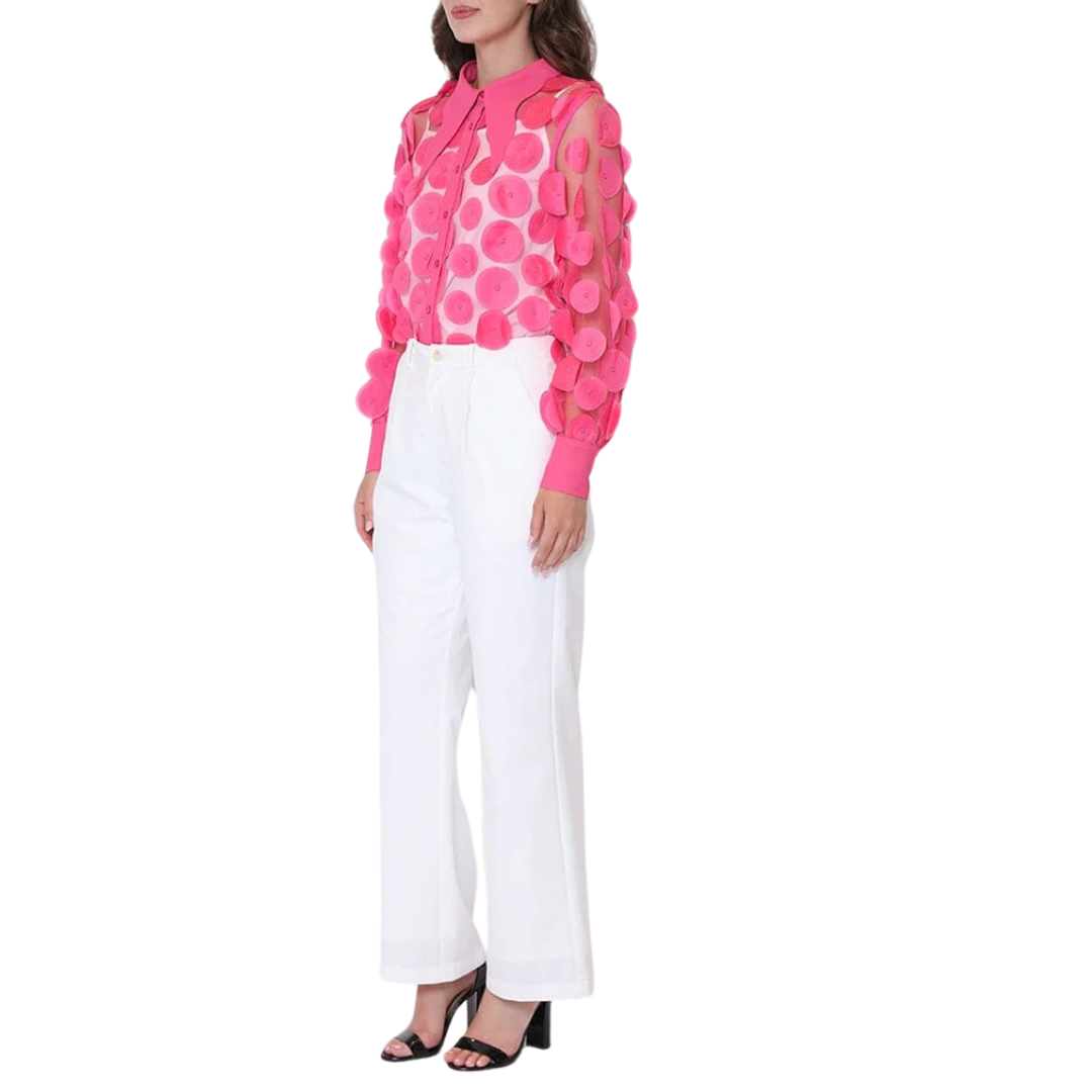 Statement Collar Puff Sleeve Button Down Blouse - Fuchsia