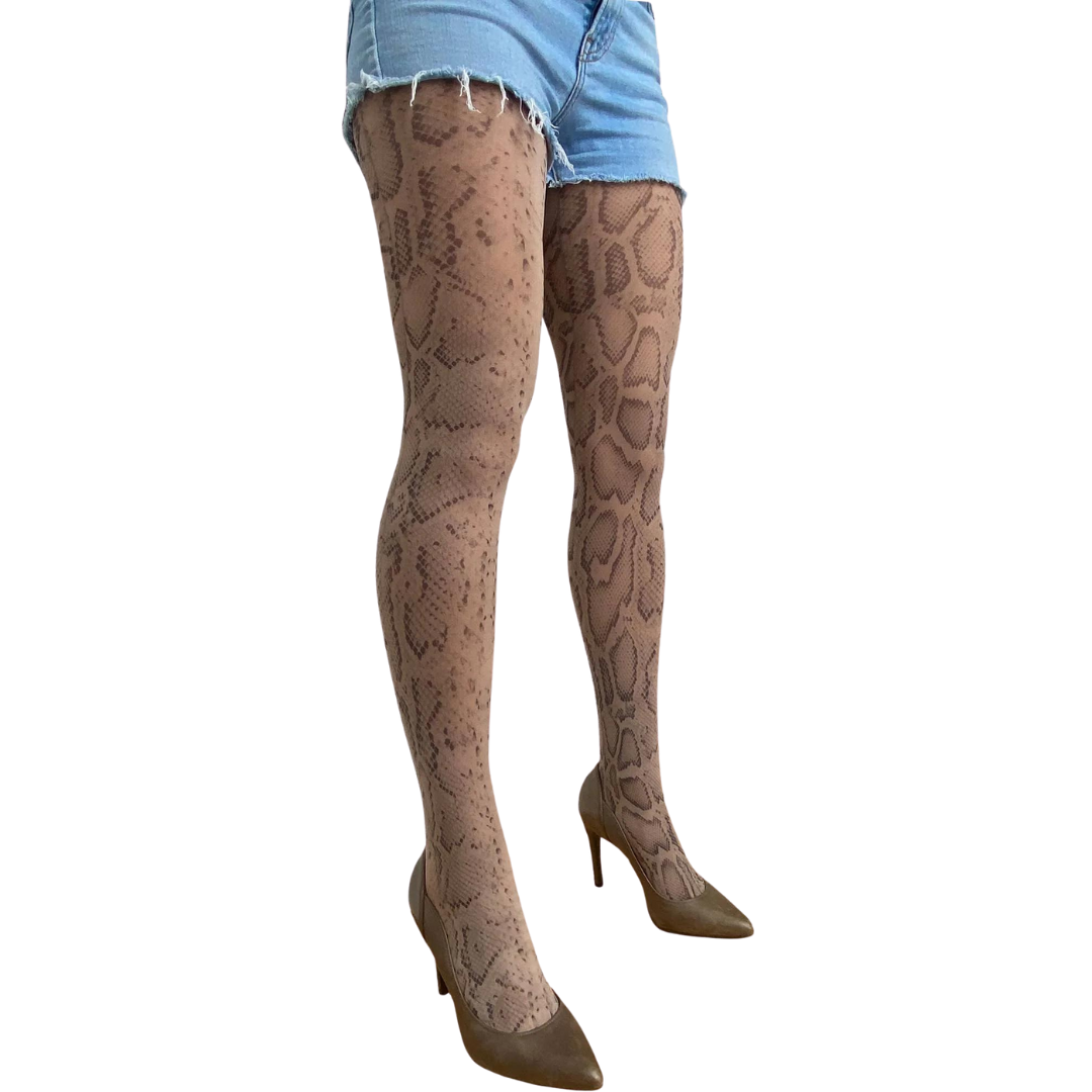 Beige Snake Patterned Tights