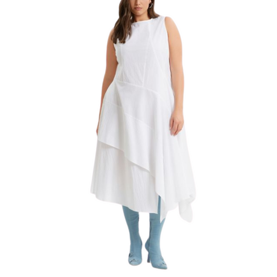 White 100% cotton sleeveless A-line dress with asymmetric layered hem – Mat Fashion