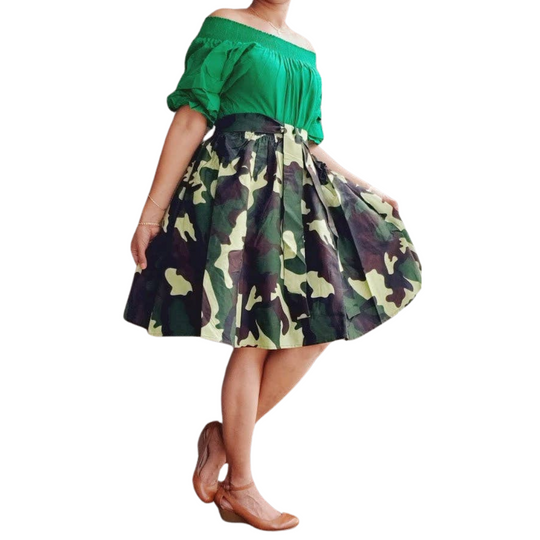 Short Printed Flared Skirt- Green Camouflage