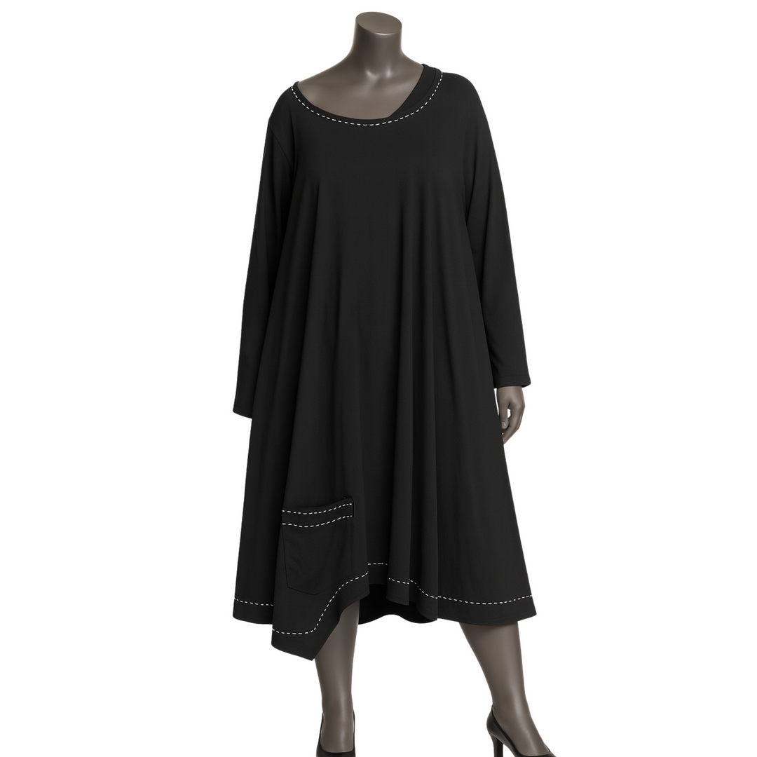 Black Cotton A-Line Tunic Dress with Piped Patch Pocket – Italy Impor