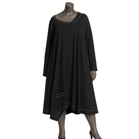 Black Cotton A-Line Tunic Dress with Piped Patch Pocket – Italy Impor