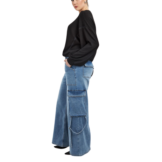 Washed Blue Wide Leg Cargo Jeans - Plus Size