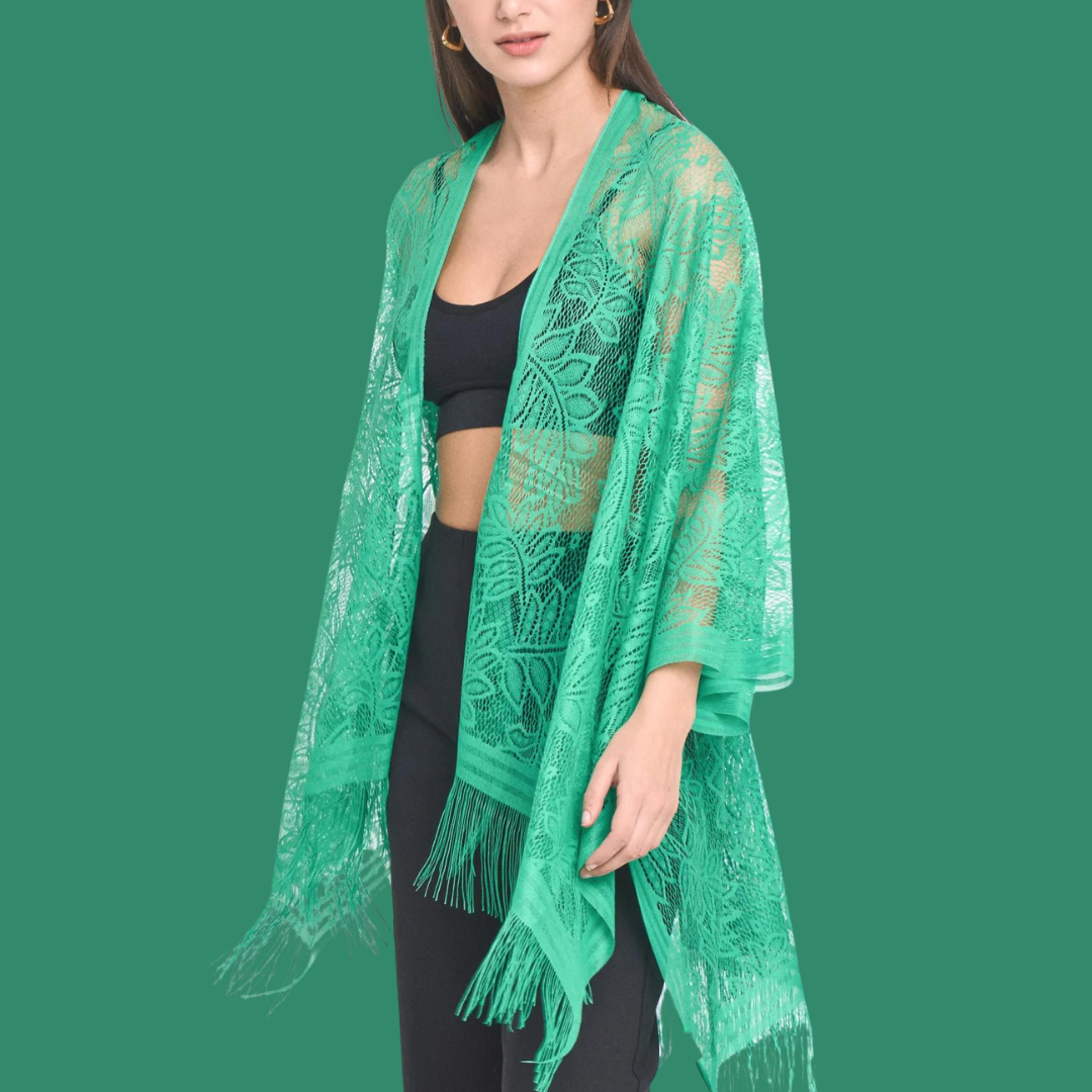 Leaf Pattern Lace Kimono - Green