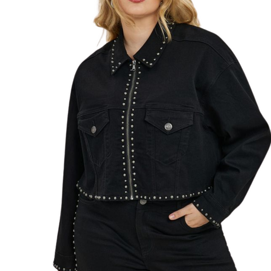 Studded Denim Jacket & Wide Leg Jeans - Plus Size