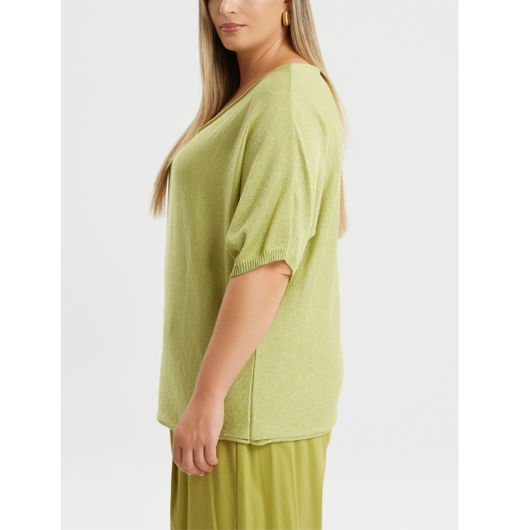 Chartreuse metallic shimmer sweater with V-neck and elbow-length sleeves – Mat Fashion