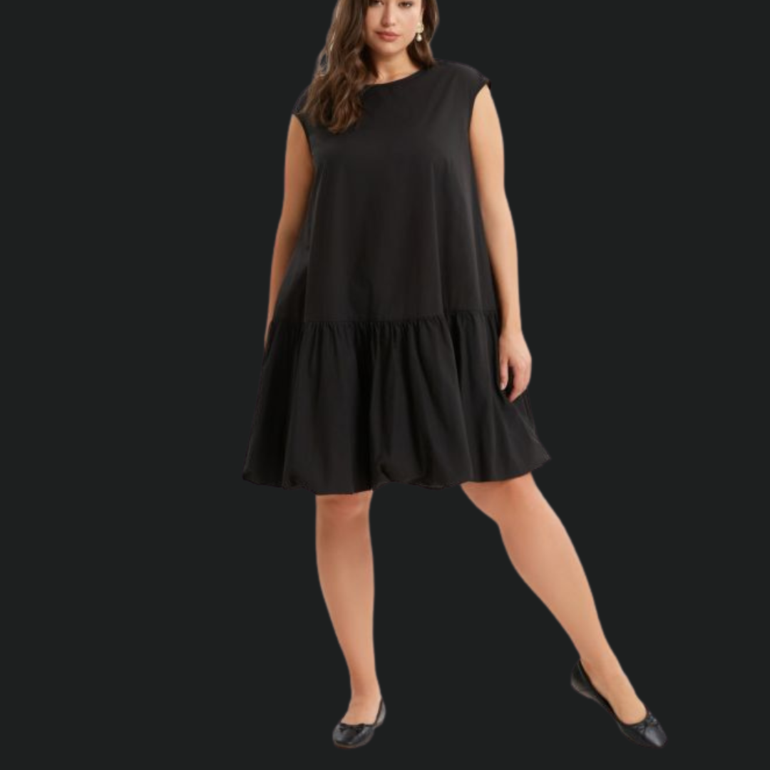 Black sleeveless 100% cotton drop-waist mini dress with flared hem – Mat Fashion
