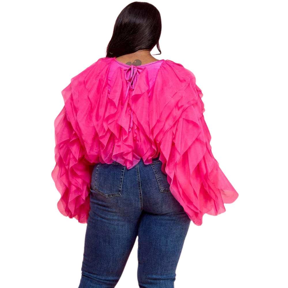 Dreamscape Ruffle Tulle Crop Top - Fuchsia