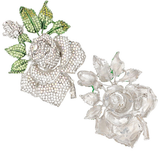 Flower Rose with Green Leaf Rhinestone Brooch Pin - Silver