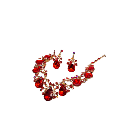 Rhinestone Embellished Teardrop Cut Crystal Necklace Set: Gold Red