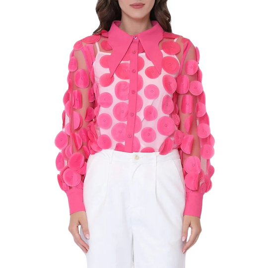 Statement Collar Puff Sleeve Button Down Blouse - Fuchsia