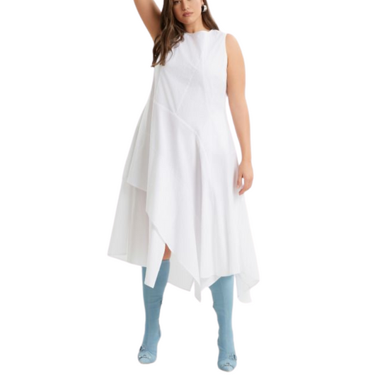 White 100% cotton sleeveless A-line dress with asymmetric layered hem – Mat Fashion