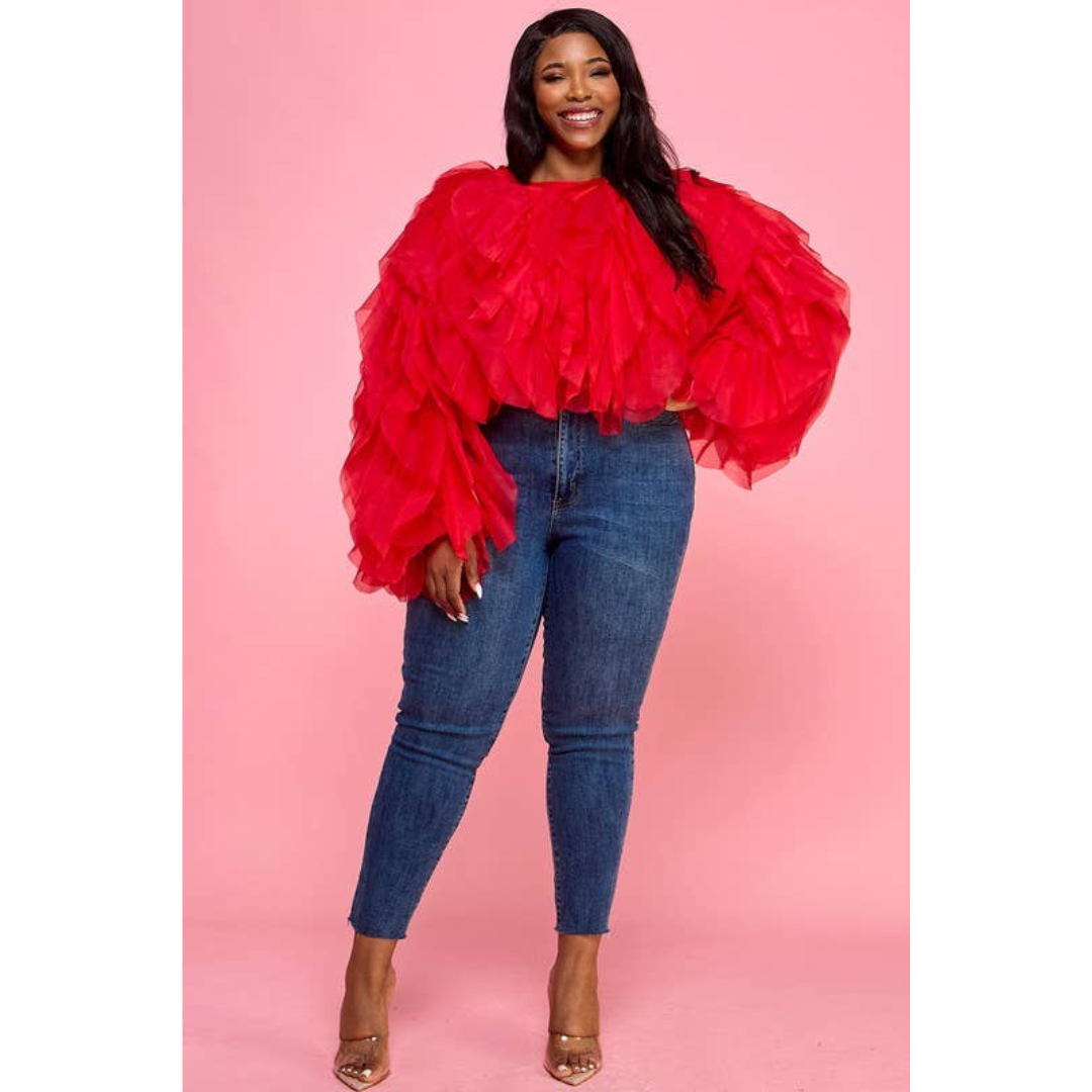 Dreamscape Ruffle Tulle Crop Top - Red