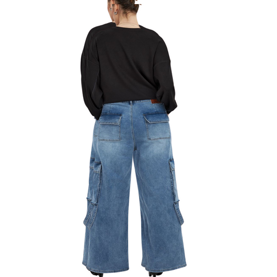 Washed Blue Wide Leg Cargo Jeans - Plus Size