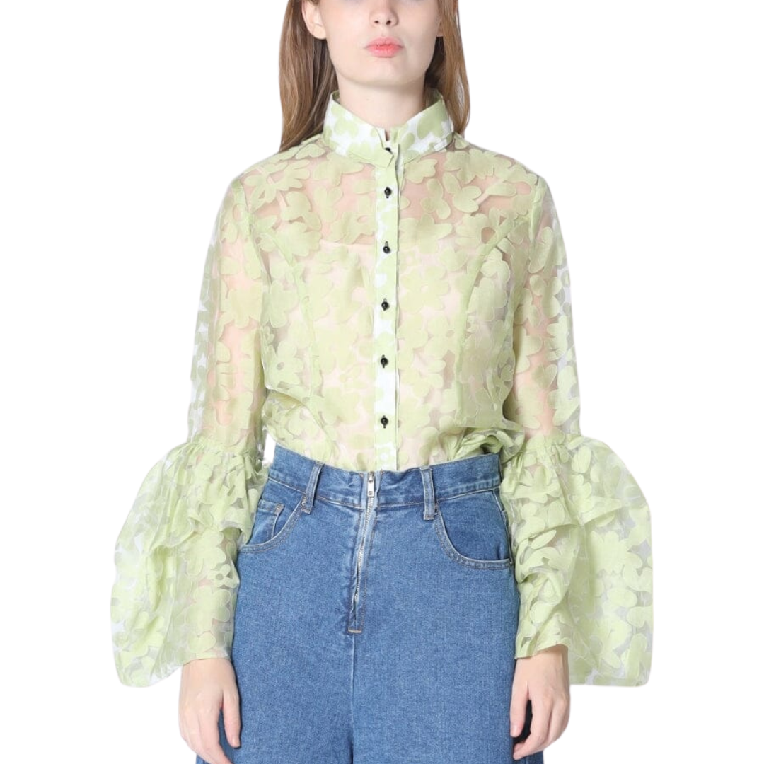 Floral Printed Chiffon Blouse with Bell Sleeve - G