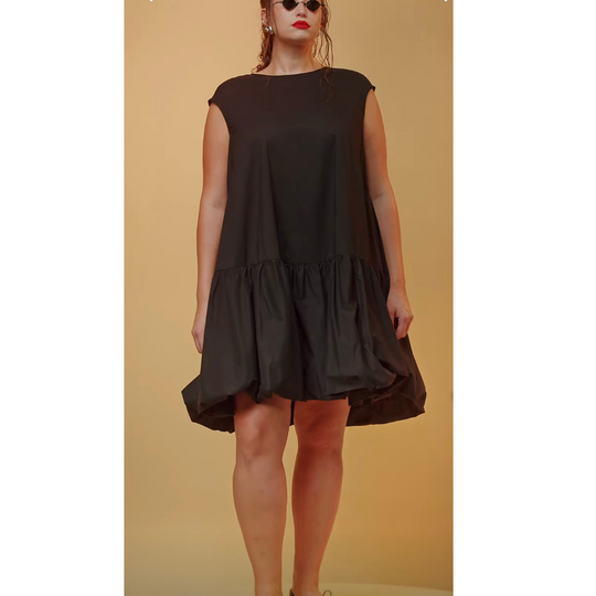 Black sleeveless 100% cotton drop-waist mini dress with flared hem – Mat Fashion