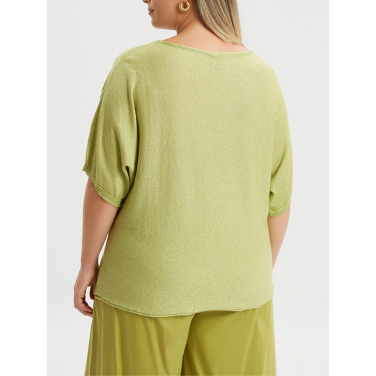 Chartreuse metallic shimmer sweater with V-neck and elbow-length sleeves – Mat Fashion