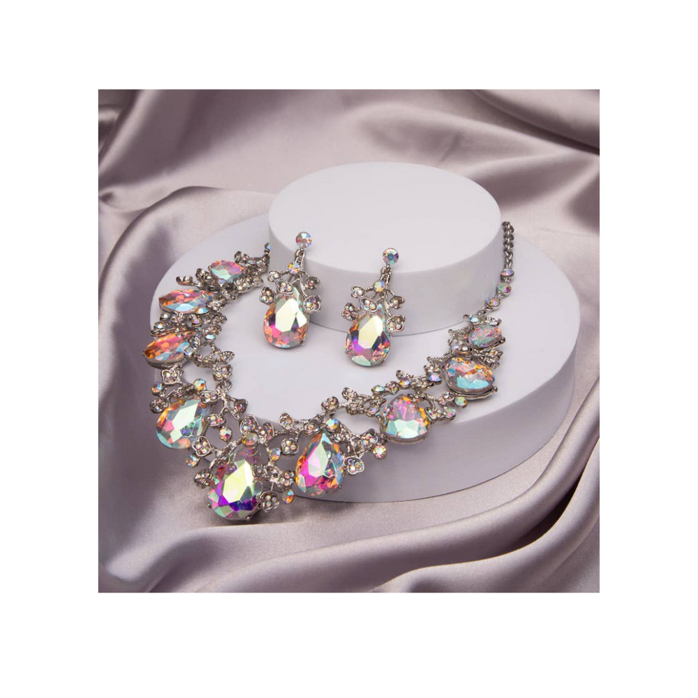 Rhinestone Embellished Teardrop Cut Crystal Necklace Set: Iridescent
