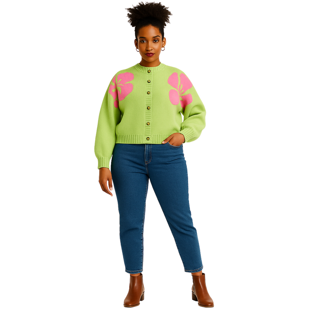 Plus Size Green & Pink Smile Daisy Cropped Cardigan Sweater