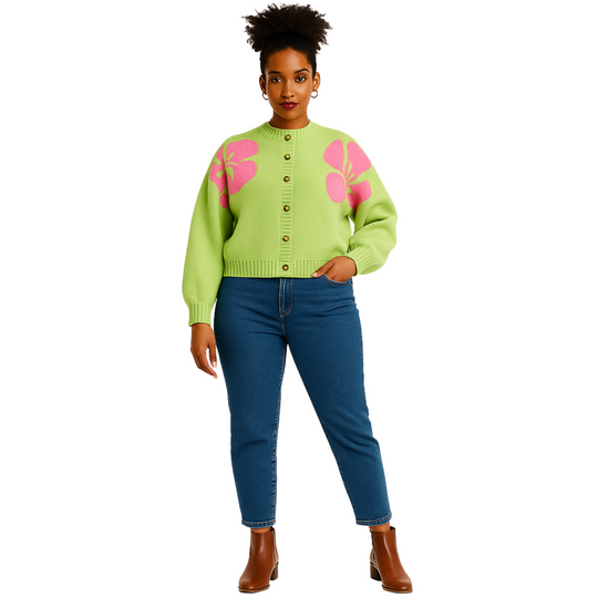 Plus Size Green & Pink Smile Daisy Cropped Cardigan Sweater