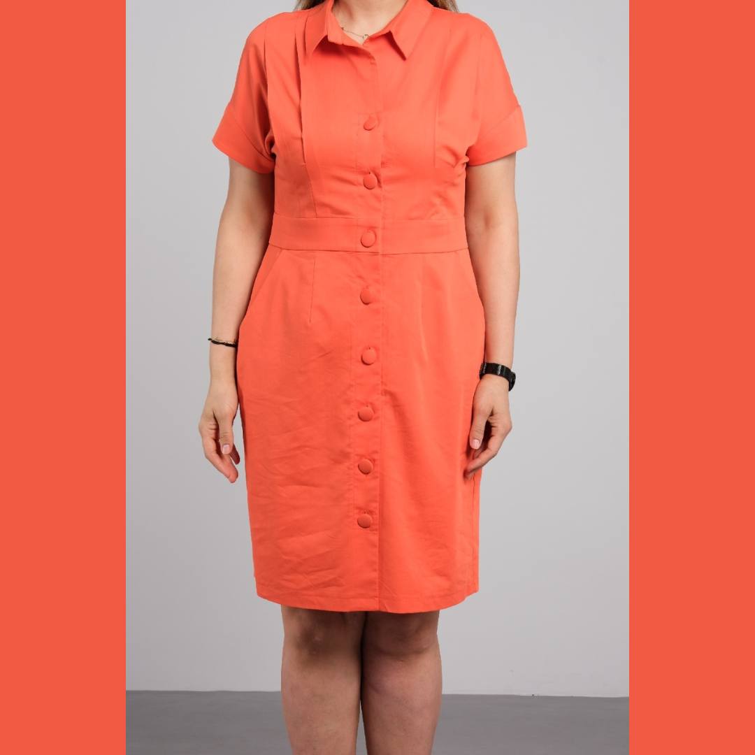 Button Front 2 Pocket Dress - Orange