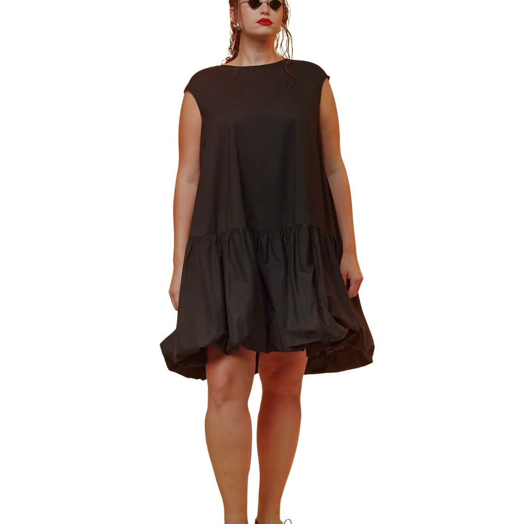 Black sleeveless 100% cotton drop-waist mini dress with flared hem – Mat Fashion