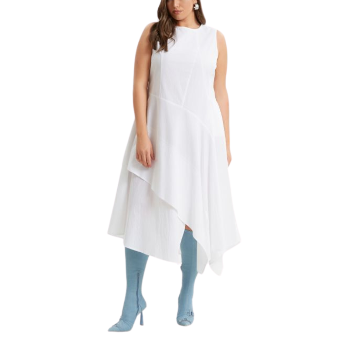 White 100% cotton sleeveless A-line dress with asymmetric layered hem – Mat Fashion