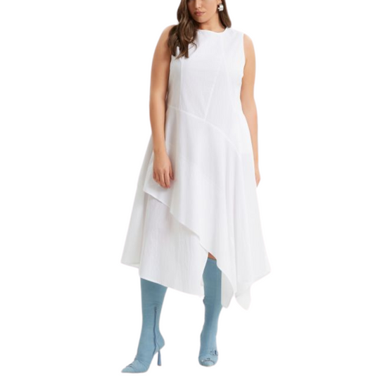 White 100% cotton sleeveless A-line dress with asymmetric layered hem – Mat Fashion
