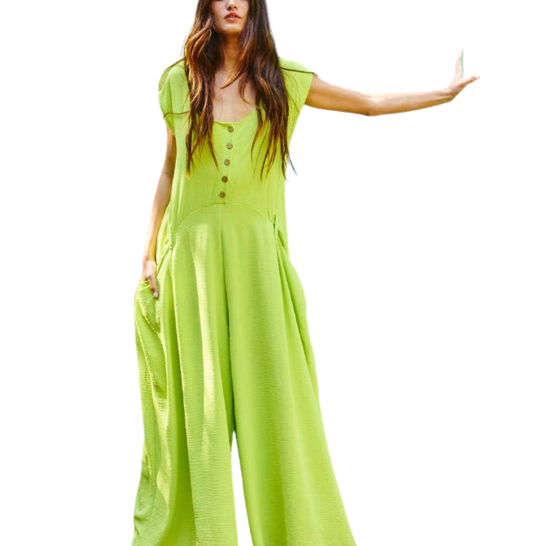 Wide Leg Solid Woven Jumpsuit: Lime Green
