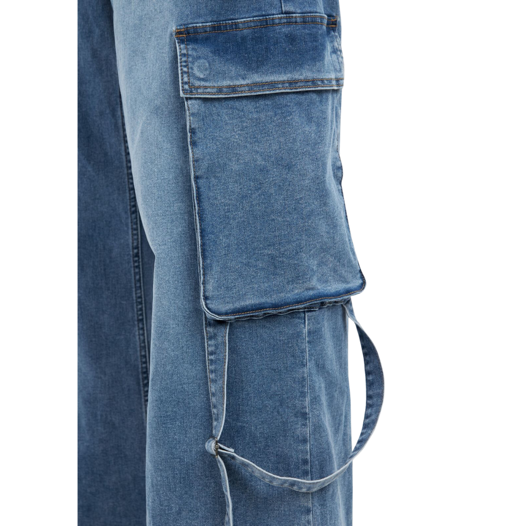 Washed Blue Wide Leg Cargo Jeans - Plus Size