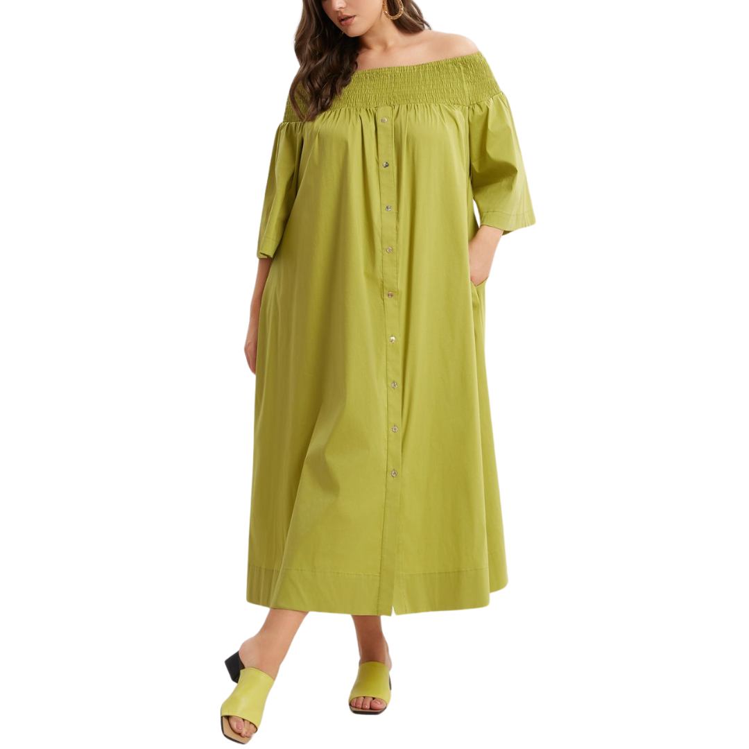 smocked off the shoulder midi dress Smocked Off-Shoulder Dress – Cotton Blend Midi