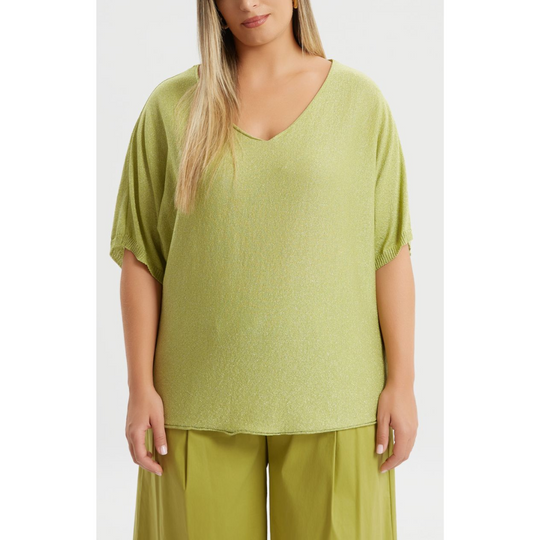 Chartreuse metallic shimmer sweater with V-neck and elbow-length sleeves – Mat Fashion