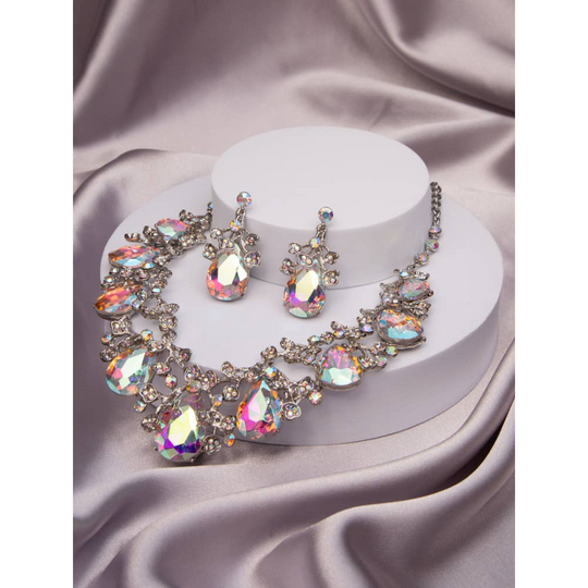Rhinestone Embellished Teardrop Cut Crystal Necklace Set: Iridescent