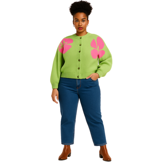 Plus Size Green & Pink Smile Daisy Cropped Cardigan Sweater