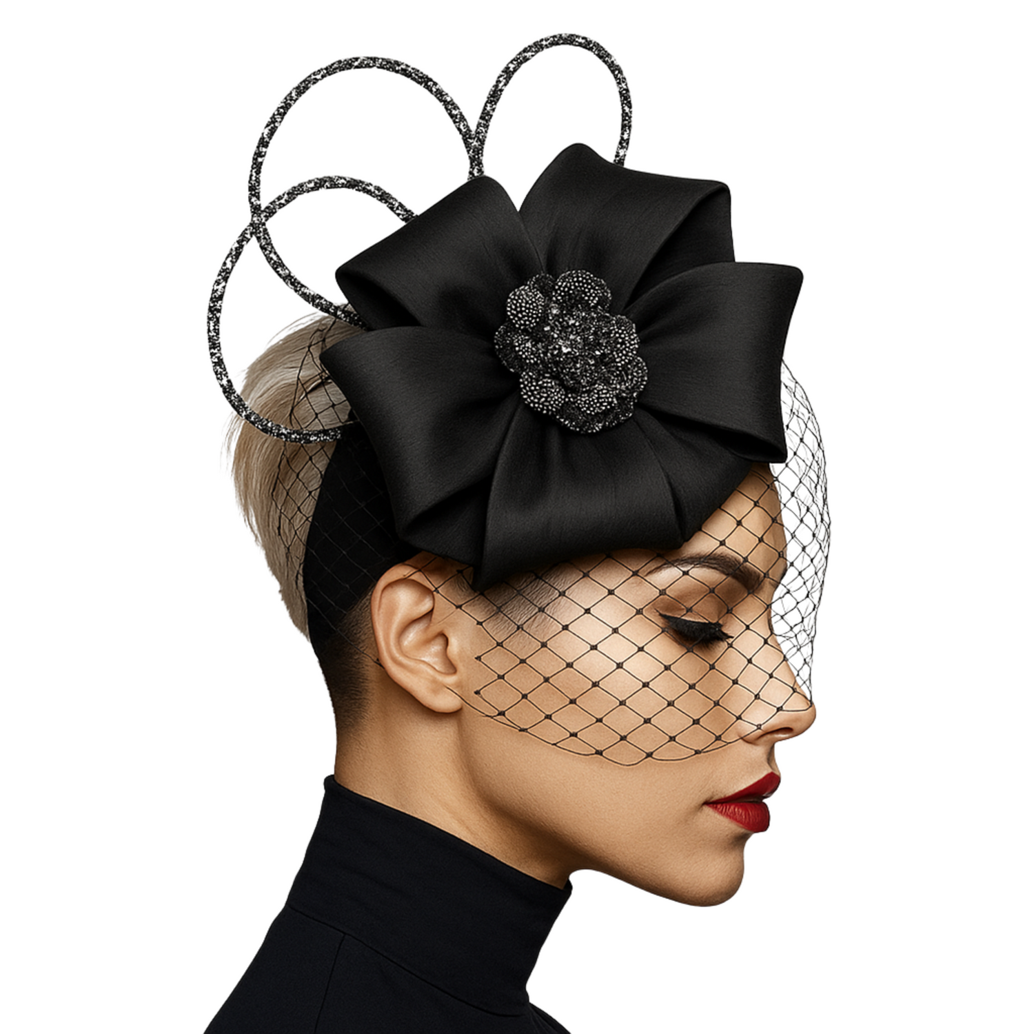 Black Lourdes fascinator with satin bow, rhinestone flower, and netted veil on Model 10 – front view