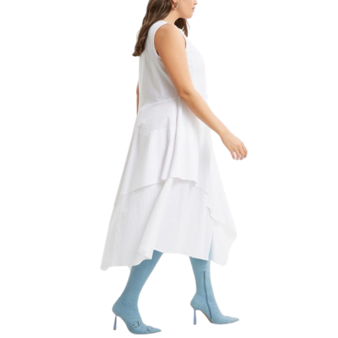 White 100% cotton sleeveless A-line dress with asymmetric layered hem – Mat Fashion