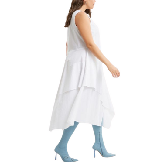 White 100% cotton sleeveless A-line dress with asymmetric layered hem – Mat Fashion