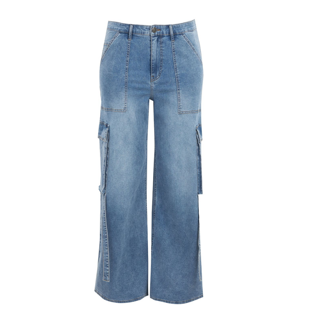 Washed Blue Wide Leg Cargo Jeans - Plus Size