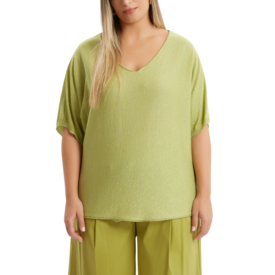 Chartreuse metallic shimmer sweater with V-neck and elbow-length sleeves – Mat Fashion