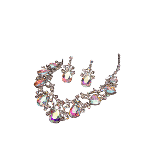 Rhinestone Embellished Teardrop Cut Crystal Necklace Set: Iridescent