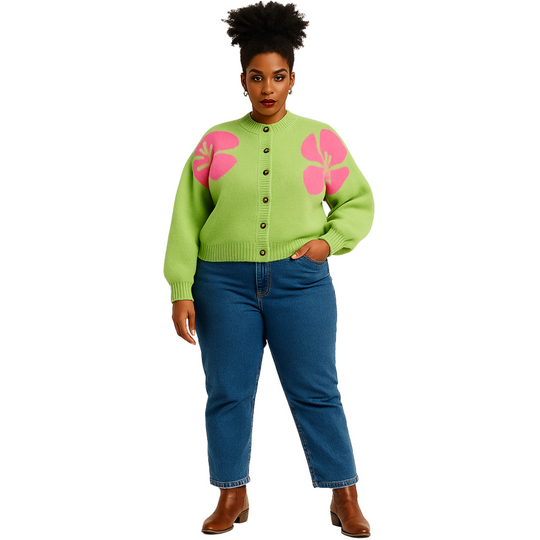 Plus Size Green & Pink Smile Daisy Cropped Cardigan Sweater