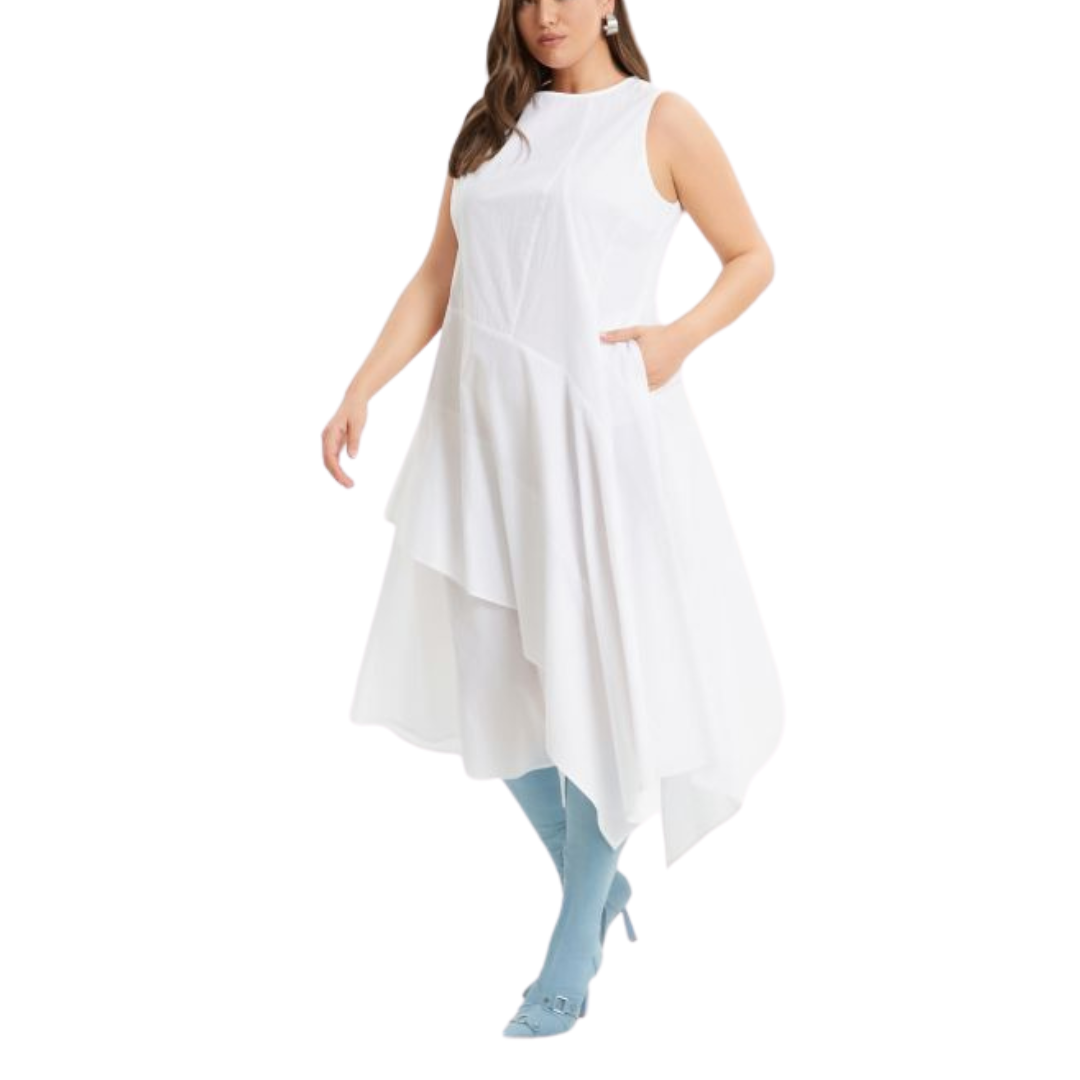 White 100% cotton sleeveless A-line dress with asymmetric layered hem – Mat Fashion