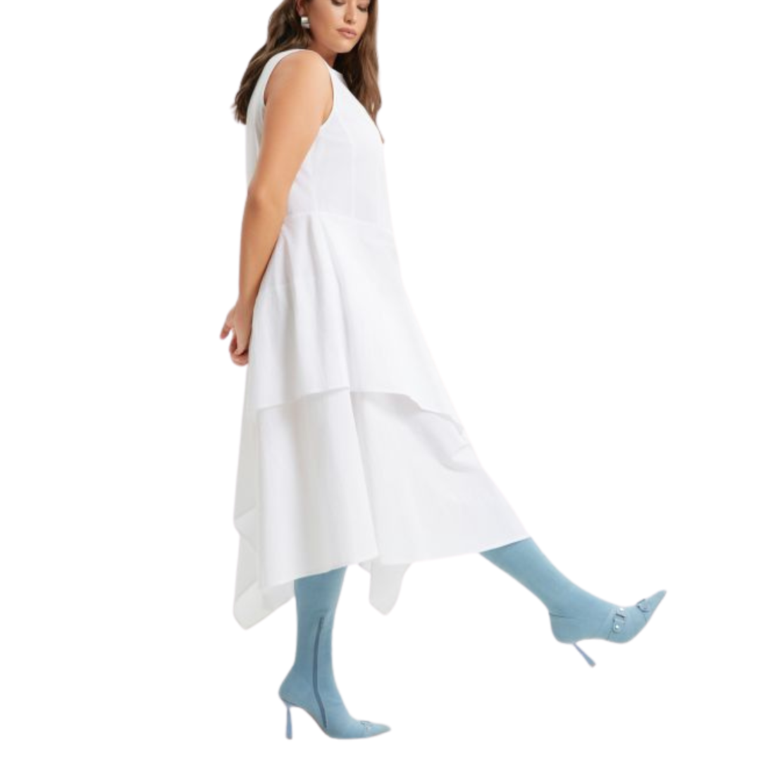 White 100% cotton sleeveless A-line dress with asymmetric layered hem – Mat Fashion