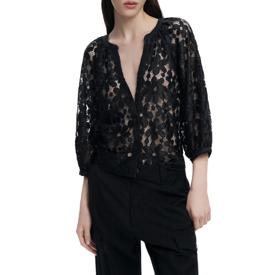 Woman wearing sheer black floral lace blouse with 3/4 sleeves and black tailored trousers – Noir Lace Set