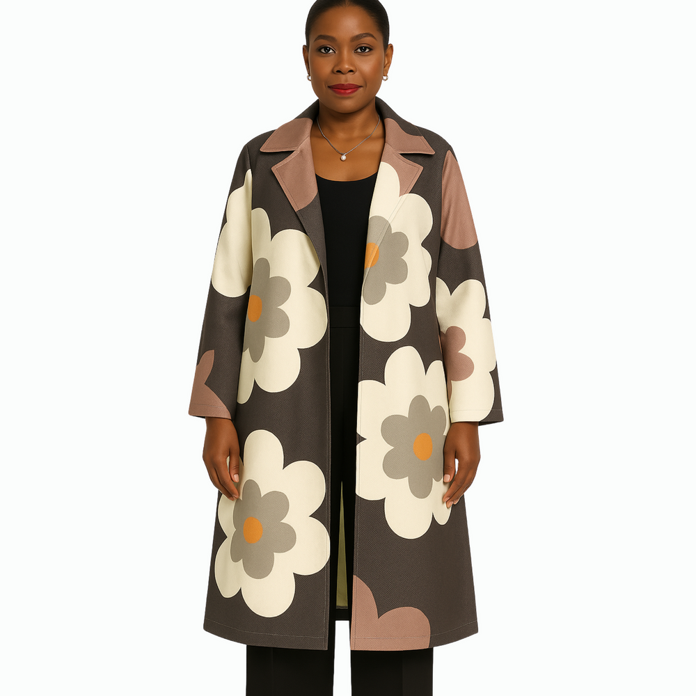 Woman wearing a floral patterned coat on a white background
