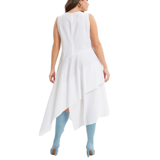 White 100% cotton sleeveless A-line dress with asymmetric layered hem – Mat Fashion