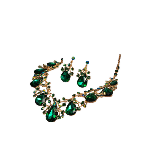 Rhinestone Embellished Teardrop Cut Crystal Necklace Set: Gold Green