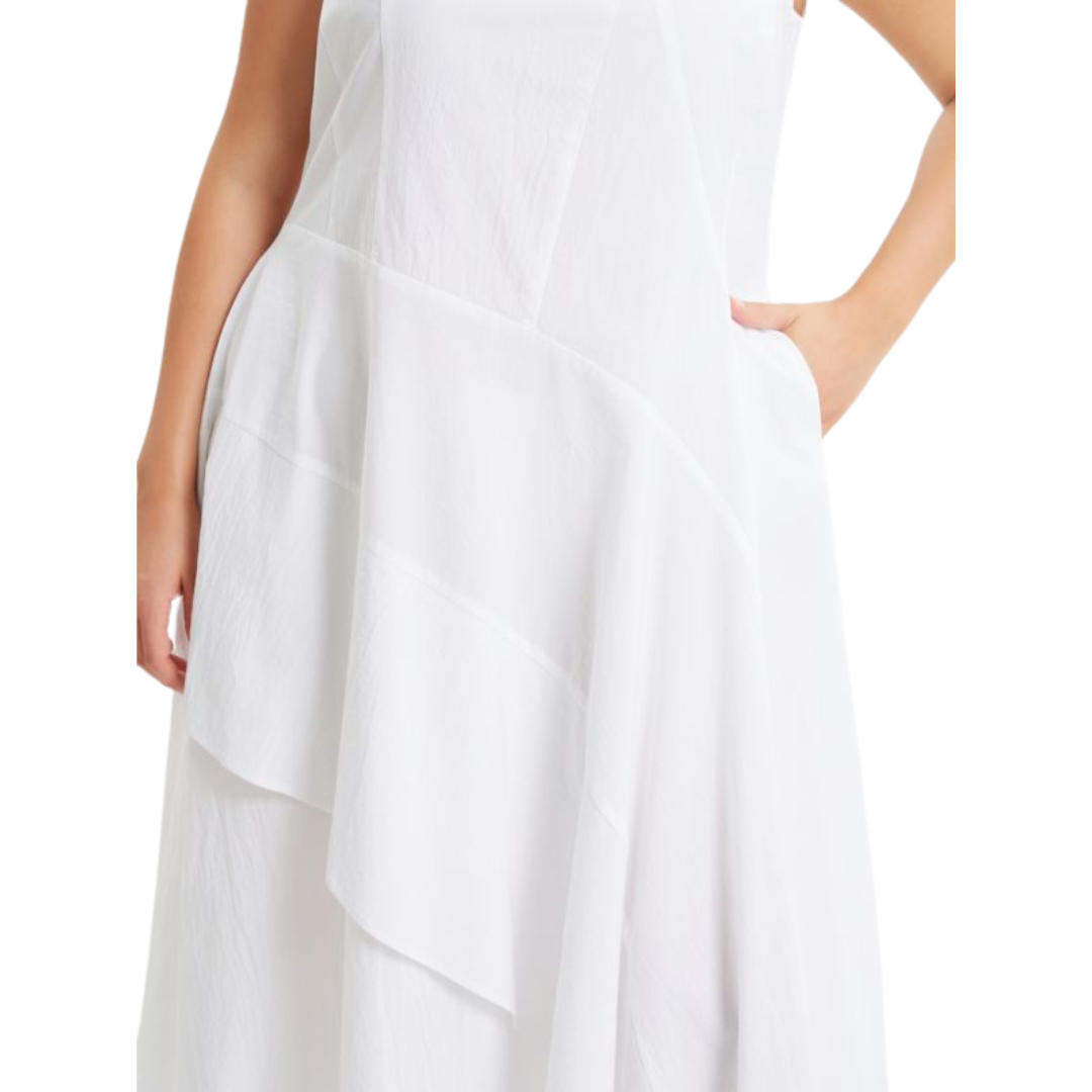 White 100% cotton sleeveless A-line dress with asymmetric layered hem – Mat Fashion