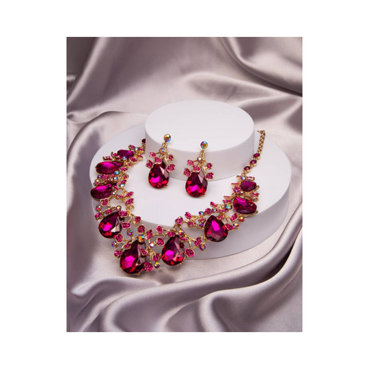 Conjunto de collar de cristal tallado en forma de lágrima con adornos de diamantes de imitación: dorado y fucsia